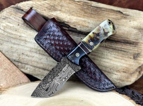 II-14 Damascus Hunting Skinning Knife with Ram Horn Handle