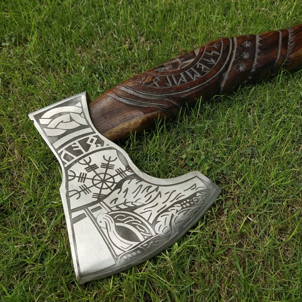 Beautiful Viking Axe with Hand Engraved Rose Wood Handle