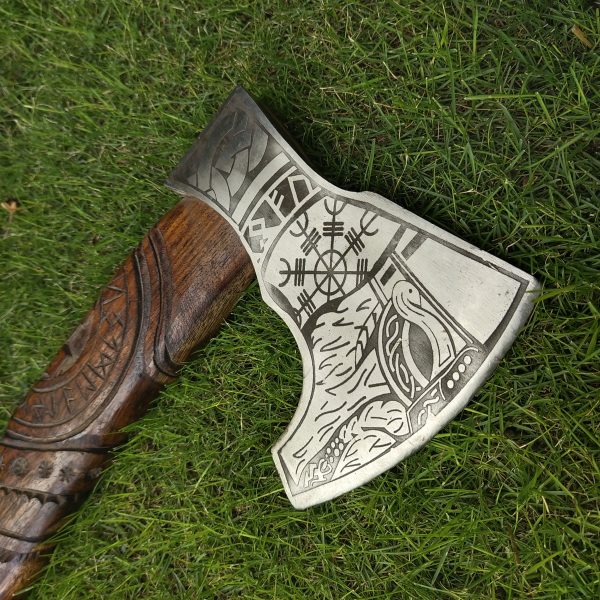 Beautiful Viking Axe with Hand Engraved Rose Wood Handle
