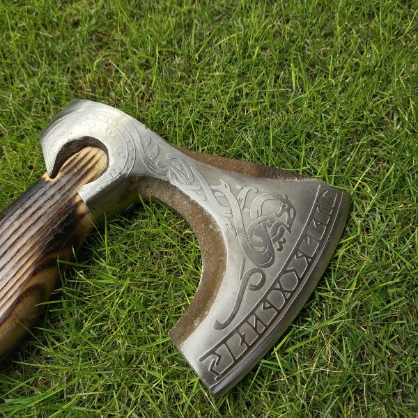 Snake Engraved Head Axe with Beautiful Ash Wood Handle