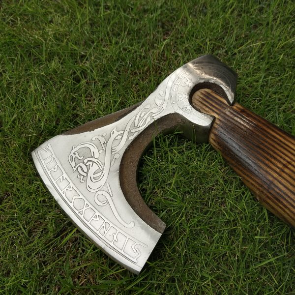 Snake Engraved Head Axe with Beautiful Ash Wood Handle