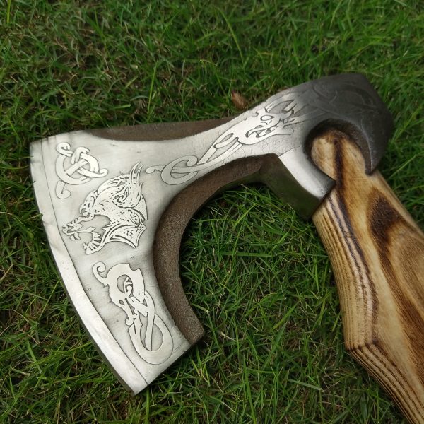 Lion Engraved Head Axe with Beautiful Ash Wood Handle