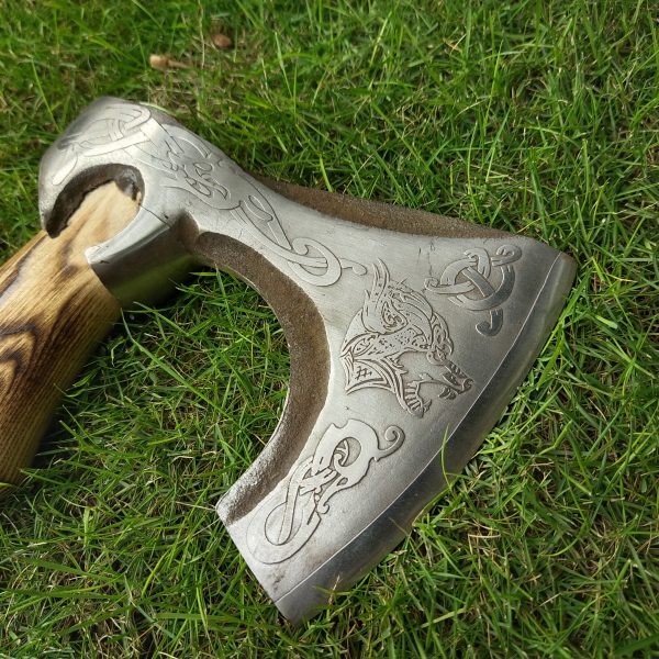 Lion Engraved Head Axe with Beautiful Ash Wood Handle