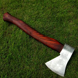 Red Colored Engraved Head Axe with Beautiful Ash Wood Handle