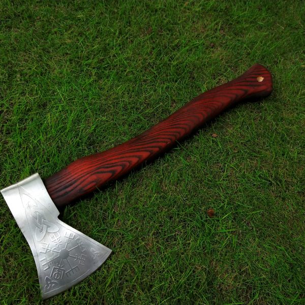 Red Colored Engraved Head Axe with Beautiful Ash Wood Handle