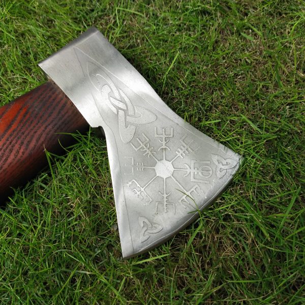 Red Colored Engraved Head Axe with Beautiful Ash Wood Handle