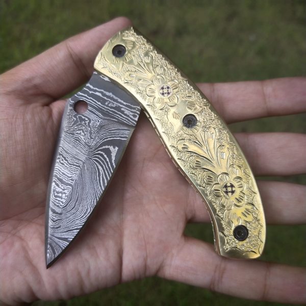 Hand Engraved Brass Handle Damascus Knife