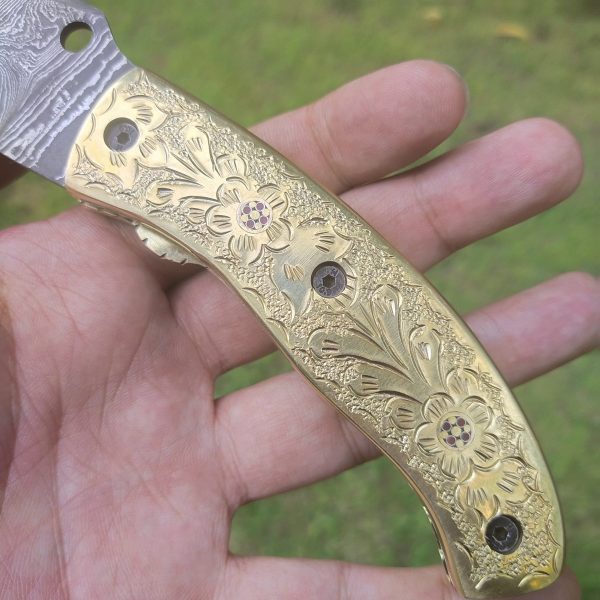 Hand Engraved Brass Handle Damascus Knife