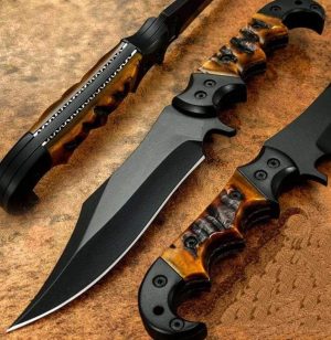 II-12 Black Powder Coated Hunter Knife Beautiful Antler Handle