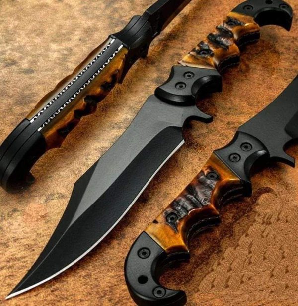 II-12 Black Powder Coated Hunter Knife Beautiful Antler Handle