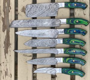 Beautiful Green Wood Handle Chef Set
