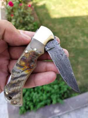 Natural Ram Horn Handle Damascus Folding Knife