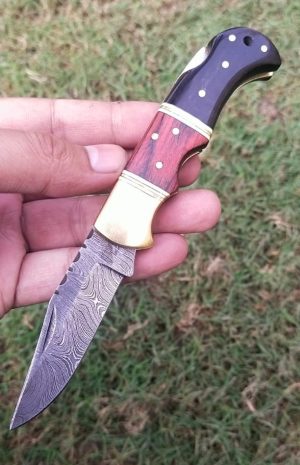 Red & Black Handle Damascus Folding Knife