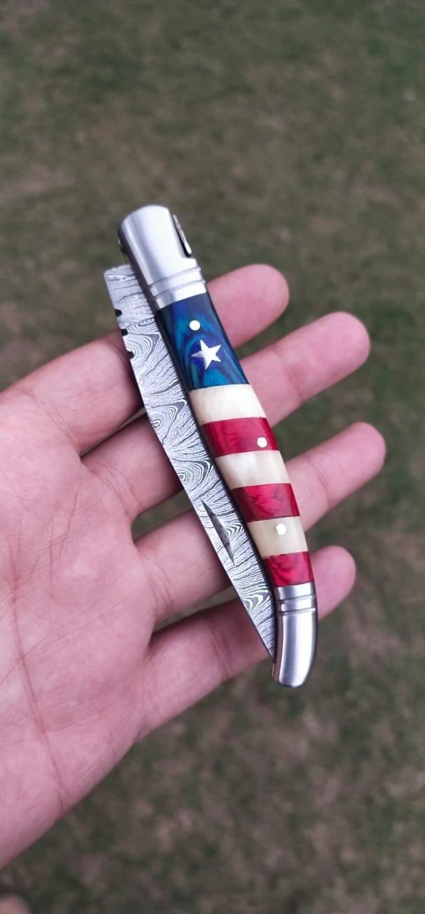 Lady USA/Texas Handle Damascus Folding Knife