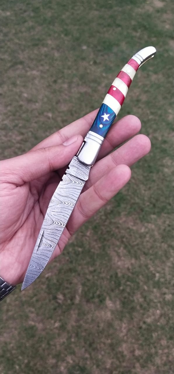 Lady USA/Texas Handle Damascus Folding Knife