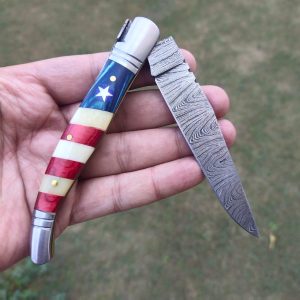 Lady USA/Texas Handle Damascus Folding Knife