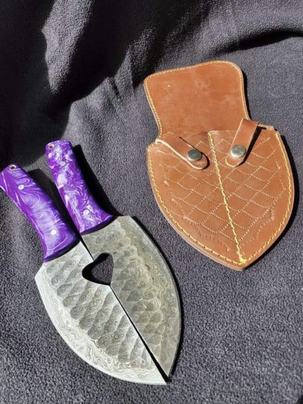 Damascus Love Birds Beautiful Knives with Purple Resin Handle