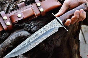 Damascus Steel Raindrop Pattern Rose Wood Handle Bowie