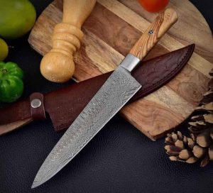 Olive Wood Damascus Steel Kitchen Knife