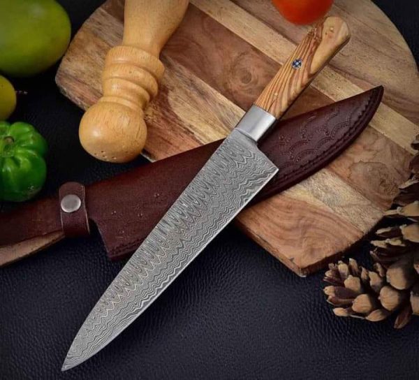 Olive Wood Damascus Steel Kitchen Knife