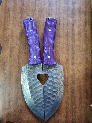 Damascus Love Birds Beautiful Knives with Purple Resin Handle