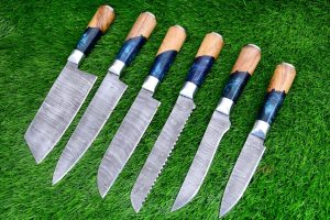 Beautiful Olive Wood and Blue Resin Handle Chef Set
