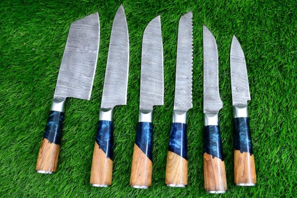 Beautiful Olive Wood and Blue Resin Handle Chef Set