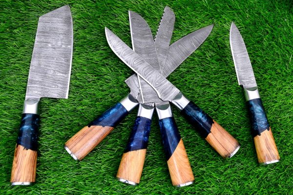 Beautiful Olive Wood and Blue Resin Handle Chef Set