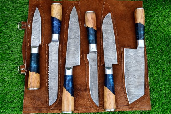 Beautiful Olive Wood and Blue Resin Handle Chef Set