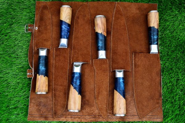 Beautiful Olive Wood and Blue Resin Handle Chef Set