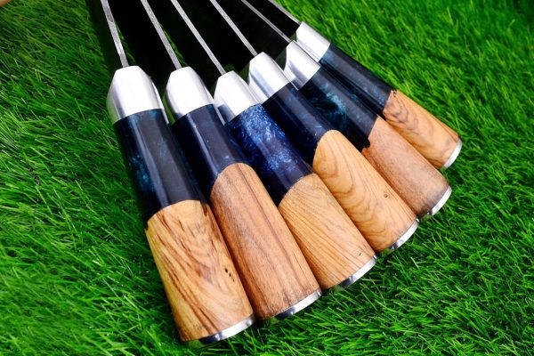 Beautiful Olive Wood and Blue Resin Handle Chef Set