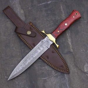 Beautiful Red Handle Damascus Double Edge Knife