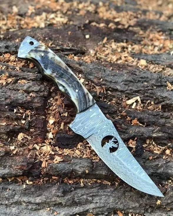 II-16 Damascus Hunting Knife with Ram Horn Handle