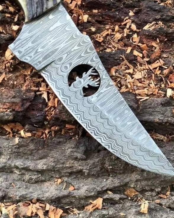 II-16 Damascus Hunting Knife with Ram Horn Handle