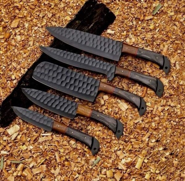 Black Powder Coated Chef Set with Rose Wood & Black Wood Handle