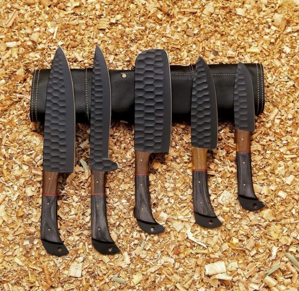 Black Powder Coated Chef Set with Rose Wood & Black Wood Handle