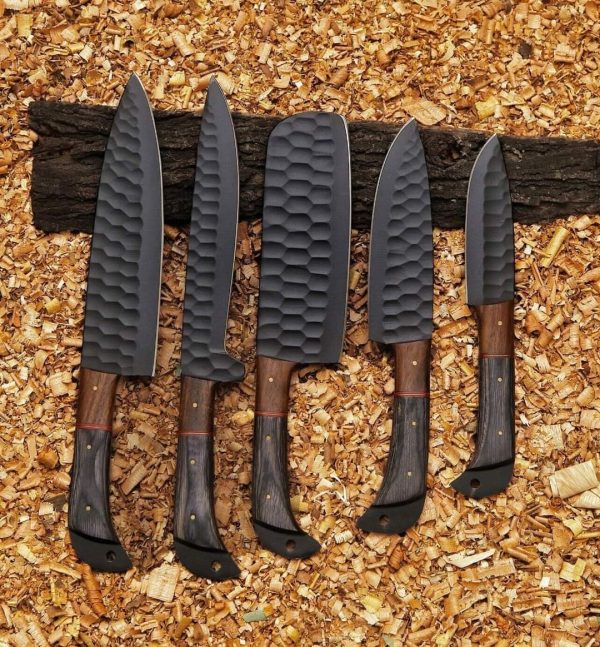 Black Powder Coated Chef Set with Rose Wood & Black Wood Handle