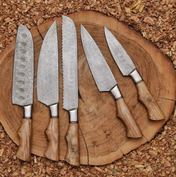 5PCS CUSTOM HANDMADE DAMASCUS STEEL CHEF SET