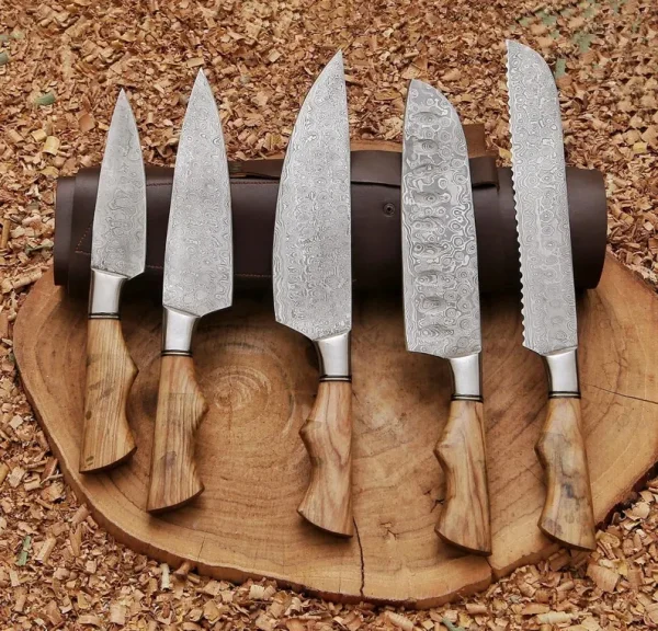 5PCS CUSTOM HANDMADE DAMASCUS STEEL CHEF SET