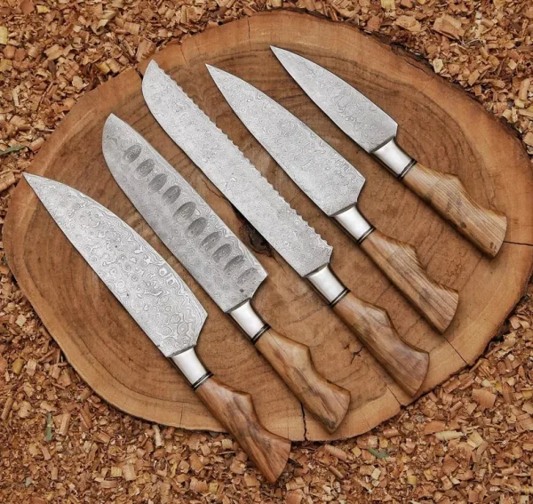 5PCS CUSTOM HANDMADE DAMASCUS STEEL CHEF SET