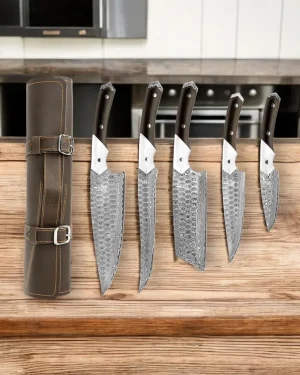 5Pcs Raindrop Damascus Steel Chef Set with black handle