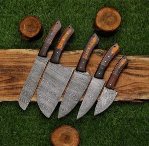5PCS Damascus Steel Chef set with Brown&Black Handle