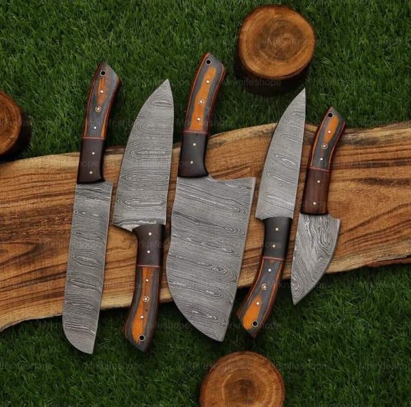 5PCS Damascus Steel Chef set with Brown&Black Handle