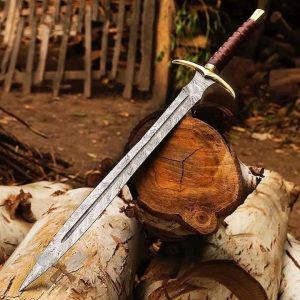 DAMASCUS SWORD WITH LEATHER HANDLE