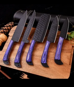 HIGH QUALITY FIVE KNIVES CHEF SET WITH PURPLE HANDLE