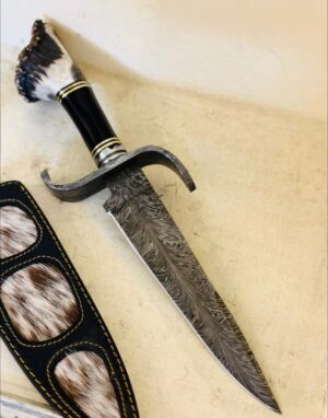 Feather Damascus Dagger Knife with Antler Handle