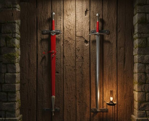 Elegant Damascus steel sword with blue leather-wrapped handle and handcrafted brown leather sheath