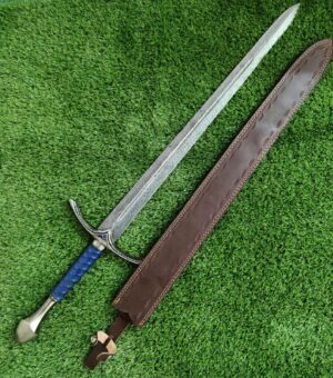 Elegant Damascus steel sword with blue leather-wrapped handle and handcrafted brown leather sheath