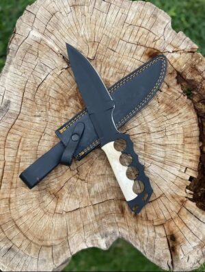 Handcrafted Hunting Knife with Bone Handle and Knuckle Grip | Leather Sheath